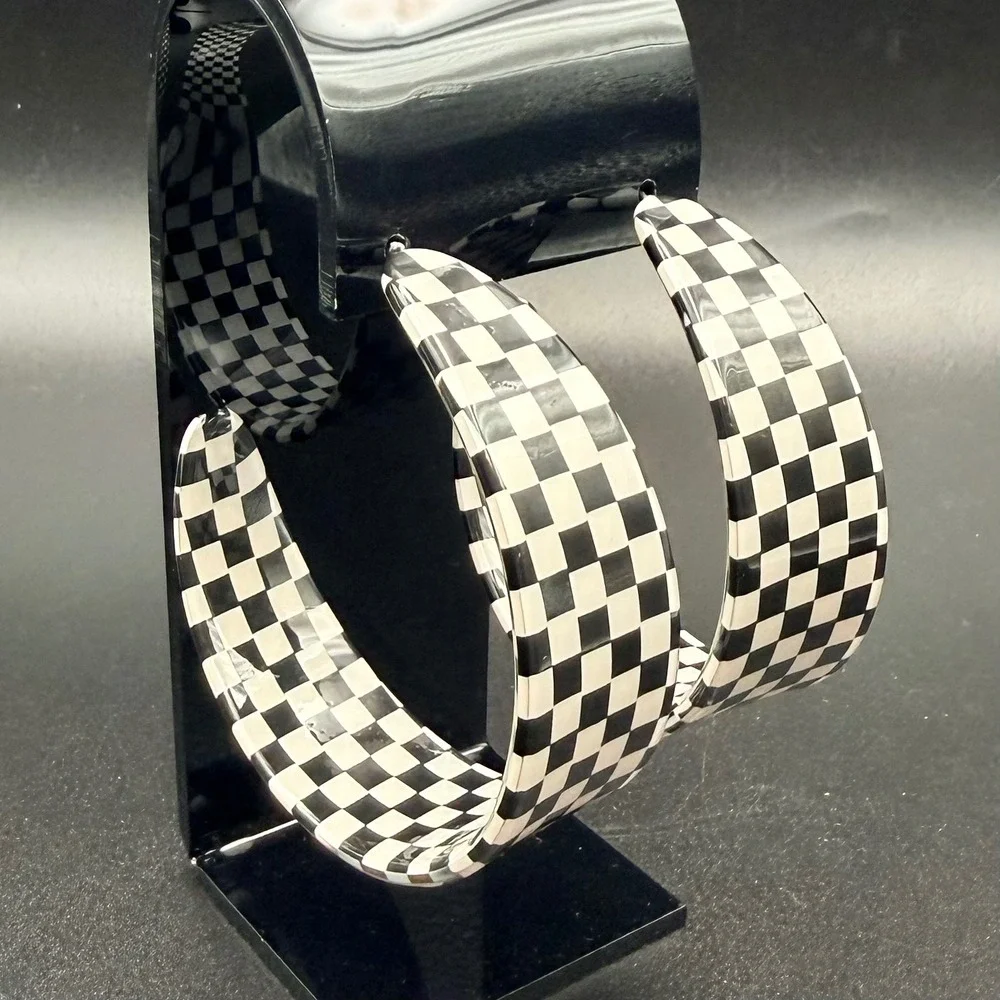 Vintage Hoop Earrings Black White Checkerboard Acrylic Retro Large 2.25